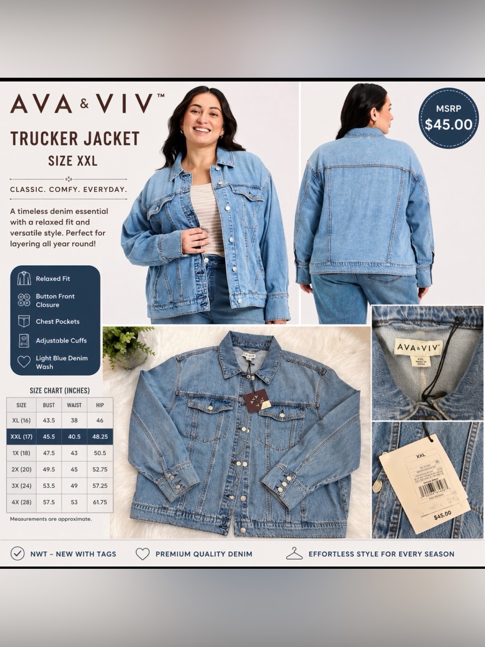 NWT Ava & Viv Light Wash Denim Trucker Jacket XXL Relaxed Fit